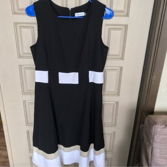 VTG Calvin Klein Dress Blk/Wht/Tan Fit and Flare Sz10 Zip Round Neck Sleeveless - Picture 3 of 7